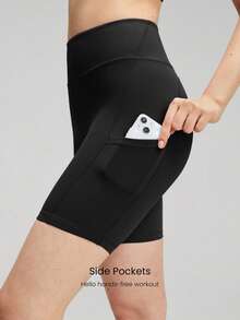 GLOWMODE 2 Pieces FeatherFit™ Sports Bra & 8'' Shorts Set Strappy Back Bra Tank Top With High Waist Side Pockets Biker Shorts Low Impact Yoga Pilates Daily Running Gym Workout Summer - Black - View 5