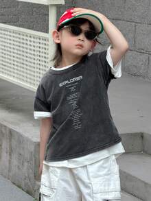 Dazy Kids 破舊風短袖T恤，夏季兒童字母印花休閒上衣，適合小男孩 - 深灰色 - 查看 6