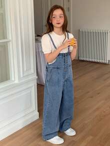 Dazy Kids Bộ áo liền quần denim đa năng, thoải mái dành cho bé gái tuổi teen - Màu xanh lam - Xem 6