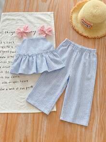 SHEIN LMoss Kids LMoss Babyflickor Sommar Söt Randig Linne Och Resårmidja Byxor 2 Delat Set - Multifärgad - Visa 8