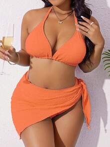 Swim Basics Plus Size Women's Halter 3-Cup Separate Bikini Swimwear 3-Piece Set - Red - View 1
