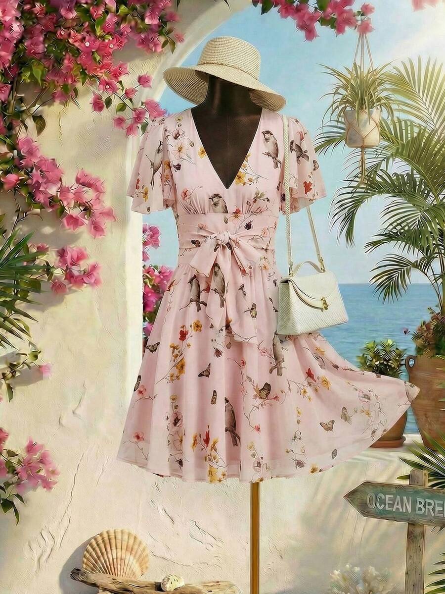 Ellevyn 女士优雅V领印花荷叶边袖系带A字纽扣装饰短款连衣裙，适合度假、通勤、约会、外出、婚礼宾客、晚礼服等场合。夏季连衣裙，适合度假、节日等各种场合。粉色印花连衣裙，女士夏季连衣裙。 - 彩色 - 查看 1