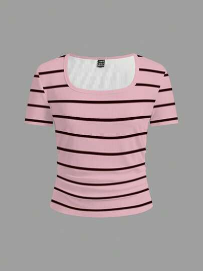 Slaydiva Áo thun nữ cổ vuông dáng rộng thoải mái, thích hợp cho mùa hè.