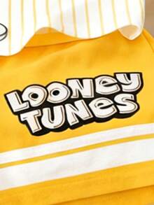 LOONEY TUNES X SHEIN GraphicGems 男童休闲运动时尚街头日常通勤卡通条纹印花短袖T恤短裤套装，夏季 - 黃色 - 查看 4