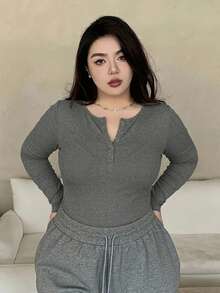 Dazy Plus Partial Zip-Up Elastic Fitted Solid Color Versatile Long Sleeve Black T-Shirt, Spring/Summer/Autumn - Grey - View 3