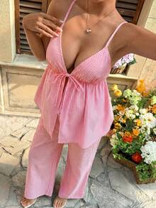 SHEIN 2pcs Maternity Casual Striped Camisole And Pants Set - Red - View 5