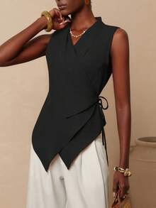 SHEIN Veneréa 女士纯色不对称衬衫，夏季 - 黑色 - 查看 3