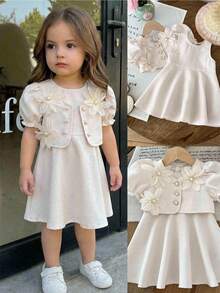 LMoss Kids Baby Girl Woven Solid Color Sleeveless Dress With Cardigan, 2 Piece Set - Apricot - View 1