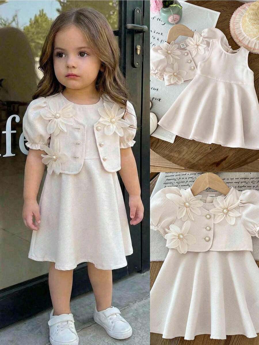 LMoss Kids Baby Girl Woven Solid Color Sleeveless Dress With Cardigan, 2 Piece Set - Apricot - View 1