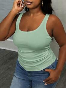 Slaydiva Women Plus Size Basic Deep V-Neck Sleeveless Slim Fit Ribbed Ruched Side Camisole Tank Top, White Semi-Sheer - Mint Green - View 7