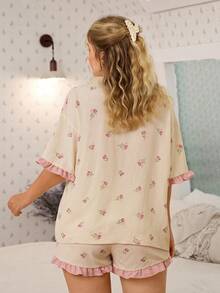 CottageSlumber Set pigiama da donna taglie forti con stampa di rose rosa, stile kimono, maniche corte e pantaloncini - Albicocca - Visualizzare 2
