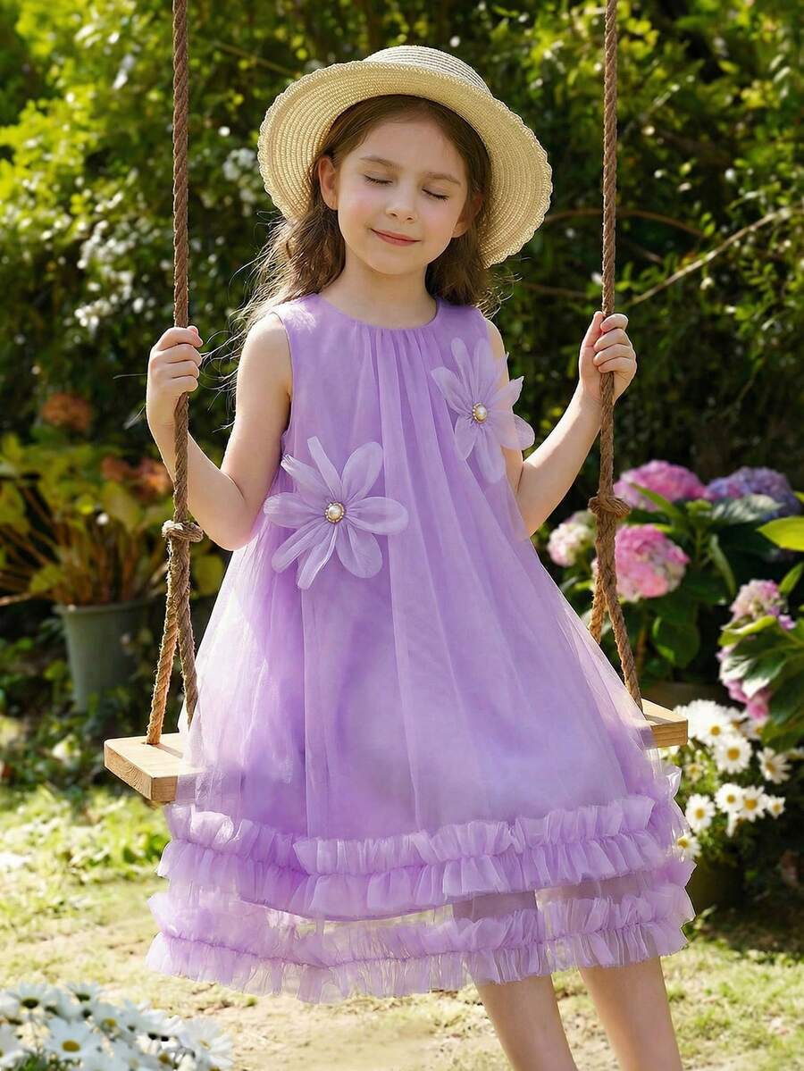 SHEIN Đầm hoa không tay màu vàng cho bé gái, kiểu dáng ngọt ngào và dễ thương, thanh lịch và sang trọng. - Màu tím - Xem 1
