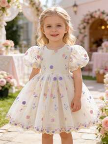SHEIN Glamorique Kids 四季皆宜的女婴杏色薄纱泡泡裙连衣裙，饰有刺绣花朵，优雅公主生日派对礼服 - 香檳色 - 查看 7