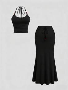 Sweetra Conjunto de 2 piezas de talla grande con falda de cola de pez y tirantes finos, estilo vacacional - Negro - Ver 1