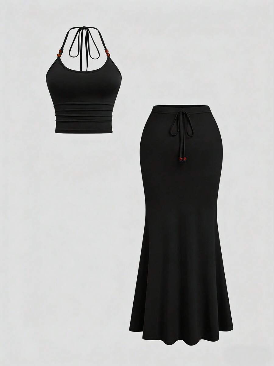 Sweetra Conjunto de 2 piezas de talla grande con falda de cola de pez y tirantes finos, estilo vacacional - Negro - Ver 1