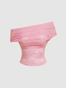 SHEIN MOD 女士蕾丝拼接荷叶边休闲百搭日常上衣 - 粉色 - 查看 5