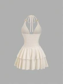 Sweetra Women's Apricot V-Neck Spaghetti Strap Sleeveless Dress With Wooden Ring Hollow Design And Asymmetrical Hem, Suitable For Spring/Summer Vacation - Apricot - View 2