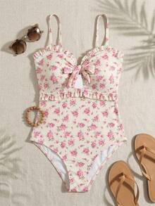 Swim Mod 大码女士印花抹胸蝴蝶结连体泳衣，甜美海滩假日 - 彩色 - 查看 7