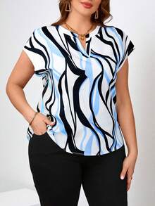 Chikora Plus Size Women Geometric Print Short Sleeve Shirt - Baby Blue - View 3