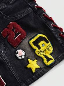 ROMWE Grunge Punk 街头运动数字旗帜刺绣牛仔迷你裙 - 黑色 - 查看 7