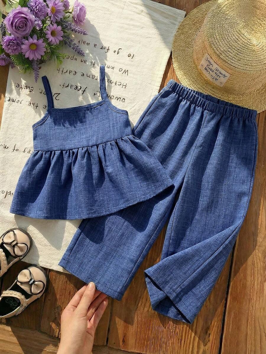 LMoss Kids 2件套女婴纯色褶皱休闲吊带背心和长裤套装 - 藍色 - 查看 1