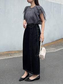 Chân váy denim dài nữ thắt nút bên hông kiểu dáng thường ngày - Màu xanh lam - Xem 4