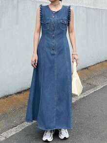 FRIFUL Đầm denim nữ dáng suông, cài cúc đơn, tay loe, thích hợp mặc đi biển. - Màu xanh lam - Xem 2