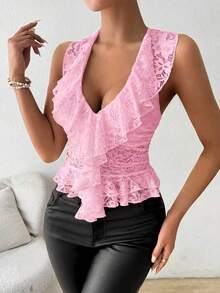 SHEIN Unity Tank Top Halter Berkerah V dengan Hiasan Renda untuk Wanita, Cocok untuk Pesta Liburan - Berwarna merah muda - View 3