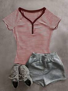 EMERY ROSE Women's Striped V-Neck Button Half-Placket Short Sleeve Casual T-Shirt - Burgundy - View 3