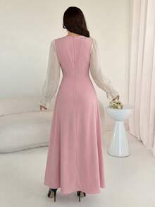 Modelyn 女士春夏长袖雪纺蝴蝶贴花腰部A字优雅连衣裙 - 粉色 - 查看 2