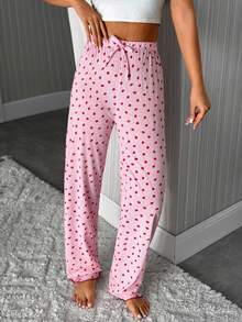 SHEIN Cotton Pink Striped With Strawberry Pattern With Fake Drawstring Detail Long Pants Homewear Comfort Casual Women Sleep Bottom - Pink - View 4