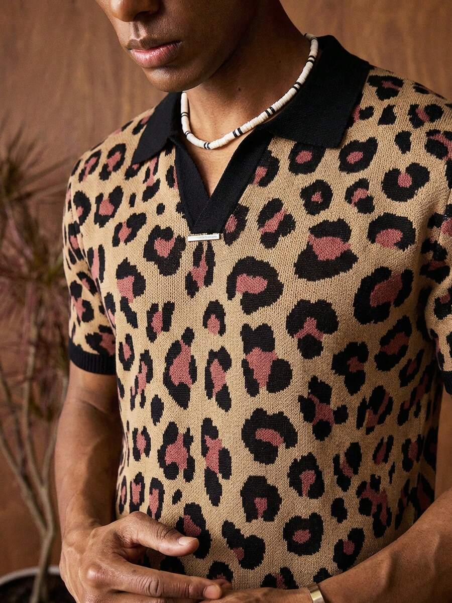 AKNOTIC Áo len ngắn tay in họa tiết da báo dành cho nam - Nhiều màu - Xem 1