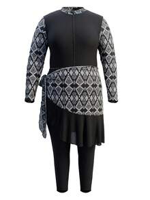 Swim Shayni Plus Size Women Geometric Print Patchwork One-Piece Swimsuit With Long Pants And Cover-Up Set - Multicolor - View 7