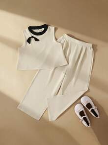 SHEIN Black And White 2 Pieces Set, Summer Family Matching Sleeveless Round Neck Top & Wide Leg Pants, Contrast Bow Decor Chic Casual Outfits For Tween Girl - Beige - View 2