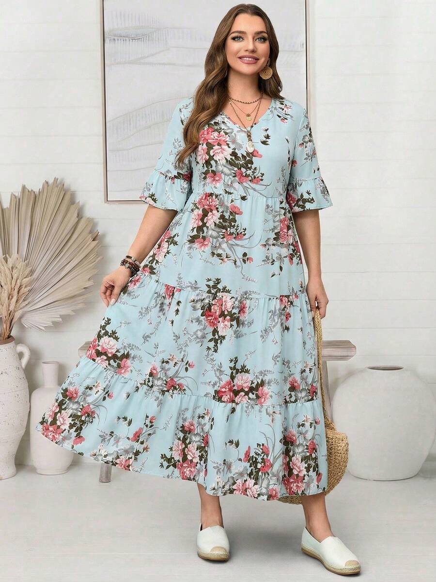 Rosumi Plus Size Leisure Floral All-Over Print Ruffle Sleeve Dress,Spring Outfits For Women,Tropical Vacation Woman Clothes - Green - View 1