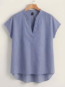 Rusticease Blus Tunik Longgar Kasual Lengan Pendek Leher V Bergaris untuk Wanita Ukuran Plus - Blue and White - View 3