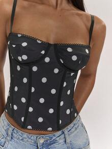 SHEIN BAE Áo hai dây nữ in chấm bi thoải mái, kiểu dáng dễ thương, phù hợp cho mọi mùa, áo khoác mùa hè, đi nghỉ mát, đi ăn trưa, lựa chọn thời trang thường ngày cho phái nữ. - Đen và trắng - Xem 7