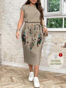 SHEIN LUNE Conjunto informal minimalista de dos piezas con cuello redondo holgado, estampado gráfico de plumas vintage, para mujeres de talla grande, adecuado para primavera y verano, conjunto de falda, ropa occidental para mujeres - Caqui - Ver 3