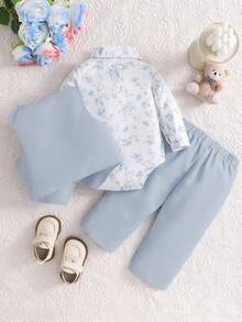 SHEIN Bộ trang phục 3 món cho bé trai: Áo khoác, áo vest và áo sơ mi dài tay, phong cách lịch lãm cho mùa thu/đông - Màu xanh nhạt - Xem 2