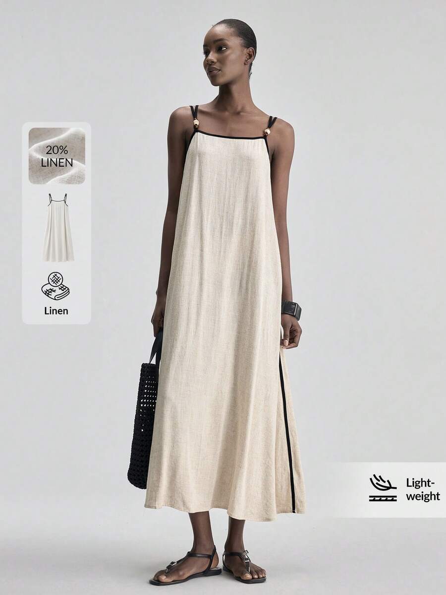 Ontre 2026SS New Linen Blend Dress For Women, Apricot Color Beaded Design Spaghetti Strap Dress With Contrast Stripe, A-Line Silhouette And Back Tie, Suitable For Tea Party, Independence Day, Date, Summer Vacation - Black and White - View 1