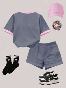 2pcs/Set Tween Girls Casual Minimalist Style, Mini Daisy Pattern, Contrast Color Stripe Short Sleeve Crew Neck T-Shirt And Shorts Set, Suitable For Summer And Autumn, Comfortable And Convenient, Suitable For Children To Layer In Autumn, Fashion Girl Style, Casual Wear, Children Pattern Clothing, Back To School Season, Autumn Outfit, Back To School Party Outfit Summer Co Ords Sets Spring Outfit Korea Yk2k Tops Zoey Outfit - Multicolor - View 2