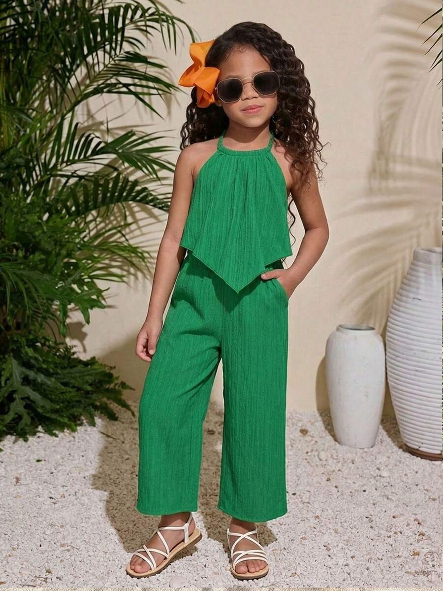 Young Girl Vacation Casual Solid Color Halter Top And Wide Leg Pants Set - Green - View 1