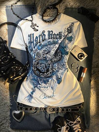 Glimmora Y2K 女式摇滚吉他印花 T 恤，舒适休闲，西部牛仔风格，摇滚风格，音乐节 T 恤，2000 年代街头服饰风格，适合日常穿着、音乐节、派对和返校季。