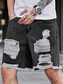 EGENSIO Quần short denim rách dáng rộng dành cho nam, cỡ lớn, có túi. - Xám - Xem 1