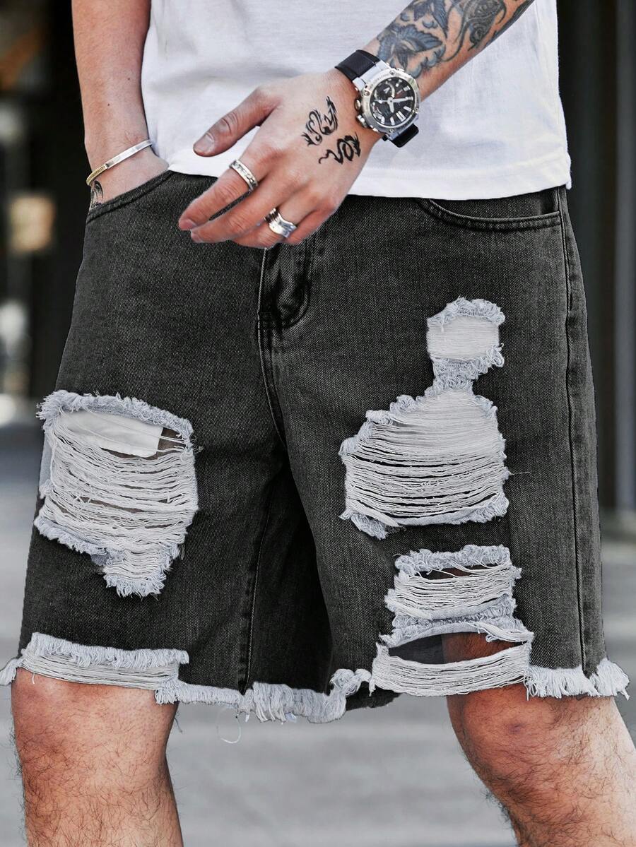 EGENSIO Quần short denim rách dáng rộng dành cho nam, cỡ lớn, có túi. - Xám - Xem 1