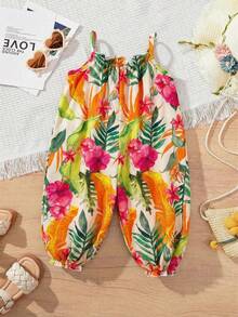 SHEIN Bộ áo liền quần hai dây in họa tiết hoa nhiệt đới cho bé gái, quần ống rộng nhẹ nhàng kiểu dáng nghỉ hè cho bé gái, quần có dây rút, trang phục đi biển thời trang cho bé gái, áo liền quần họa tiết nhiệt đới cho bé gái. - Nhiều màu - Xem 2