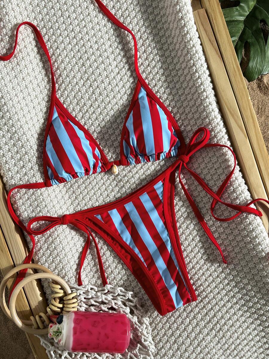 Swim Vcay 2026春夏款吊带红蓝条纹+纯红色抽绳露背高衩两件式比基尼泳衣（女款） - 彩色 - 查看 1