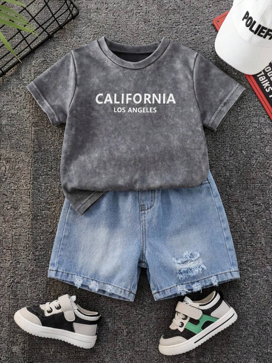 Bộ đồ 2 món cho bé trai mùa hè, phong cách thường ngày đường phố, gồm áo thun và quần short denim màu xanh dương. - Nhiều màu - Xem 1