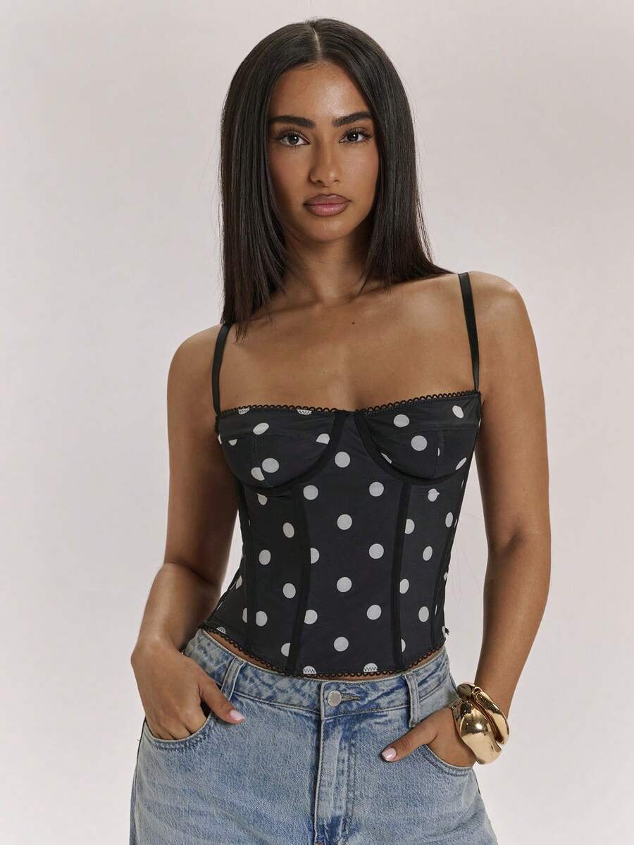 SHEIN BAE Áo hai dây nữ in chấm bi thoải mái, kiểu dáng dễ thương, phù hợp cho mọi mùa, áo khoác mùa hè, đi nghỉ mát, đi ăn trưa, lựa chọn thời trang thường ngày cho phái nữ. - Đen và trắng - Xem 1