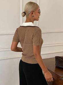 DAZY Áo polo nữ mỏng dệt kim cổ tròn khoét rỗng, phối màu tương phản, kiểu dáng thường ngày cho mùa hè, thích hợp cho kỳ nghỉ. - màu nâu - Xem 6